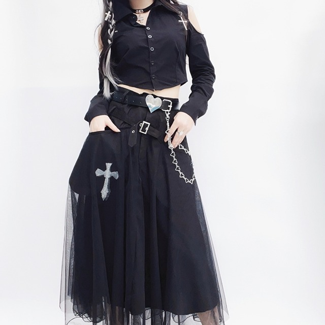 ゴスロリ通販 With U Miub ゴスロリ系 スカート ベルト付き ロング丈 レース レイヤード ハイウエスト 山本耀司風 暗黒系 ストリート系 病み可愛い ゴスロリ系地雷服 サブカル服