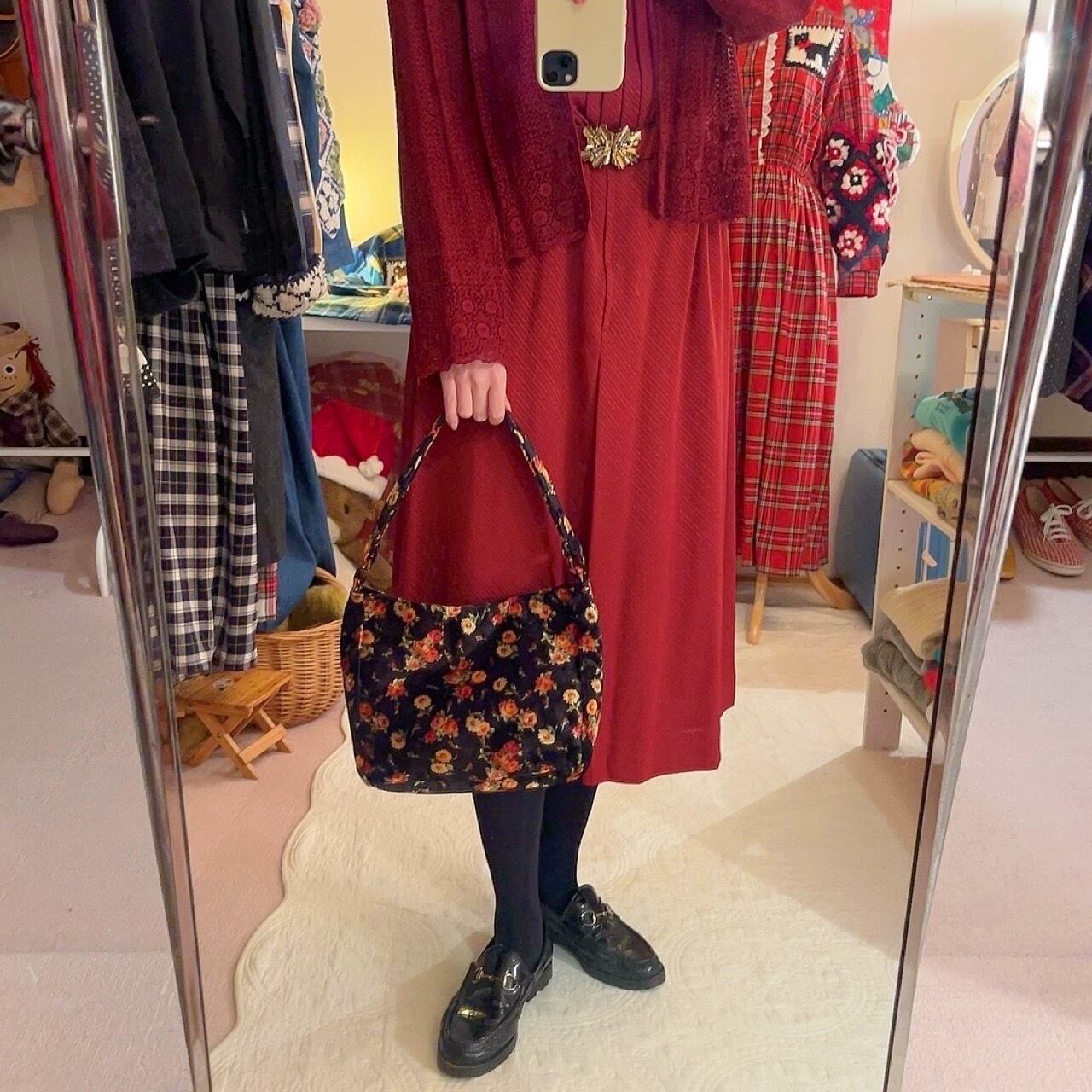 flower velours hand bag