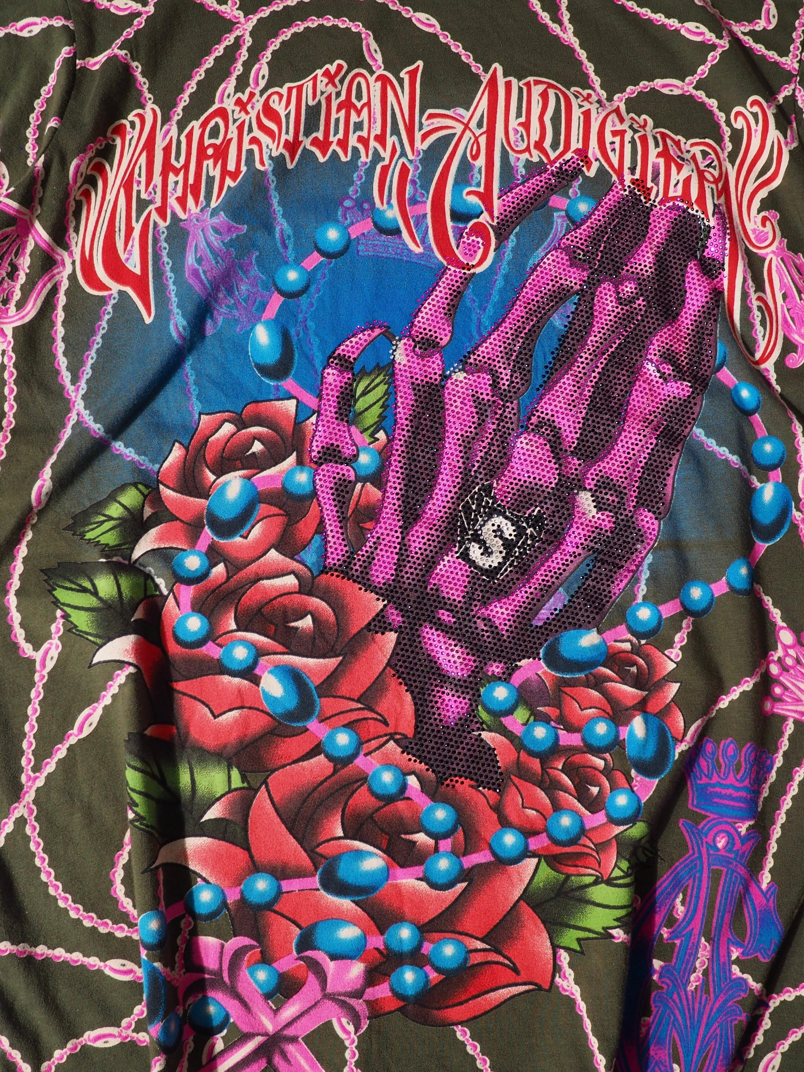 ” Christian Audigier ” rhine stone prayer printed Tee