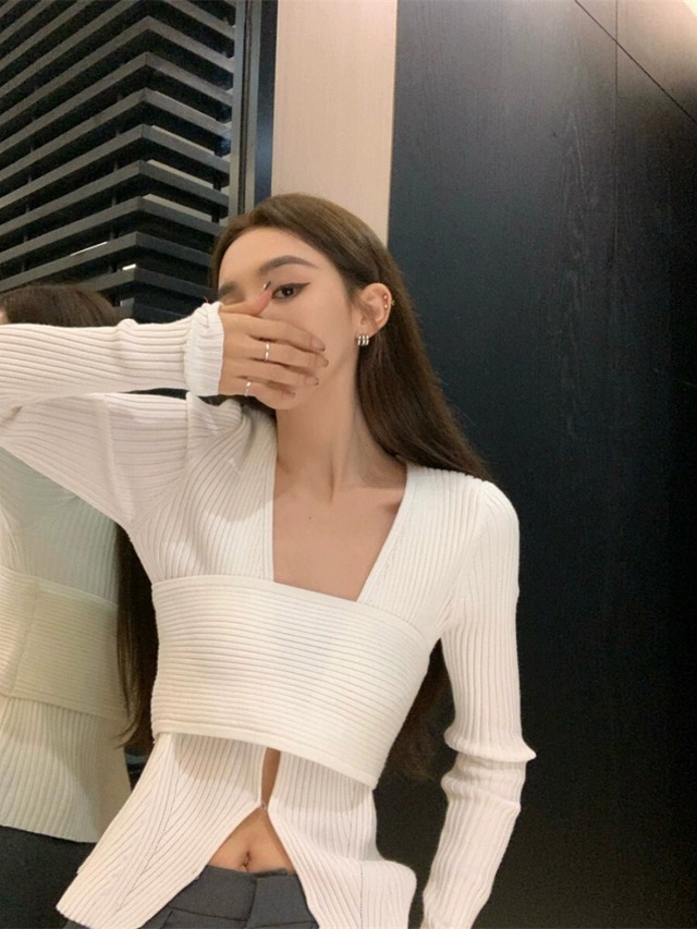 セクシーなスリムニットチューブトップベスト + 長袖スリット V ネックトップ白セーター気質 2 点セット女性の冬 ロング ホワイト ウィンター 冬物 Vネック ガールズファッション61312690277