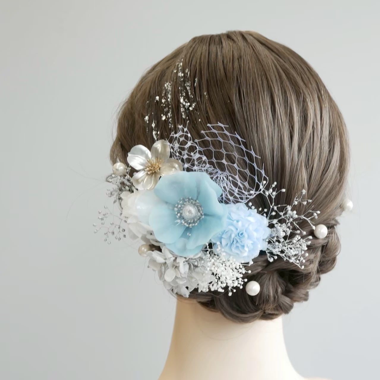 A022 アネモネ ブルー 水色 シルバー 髪飾り 卒業式 袴 成人式 振袖 結婚式 和装