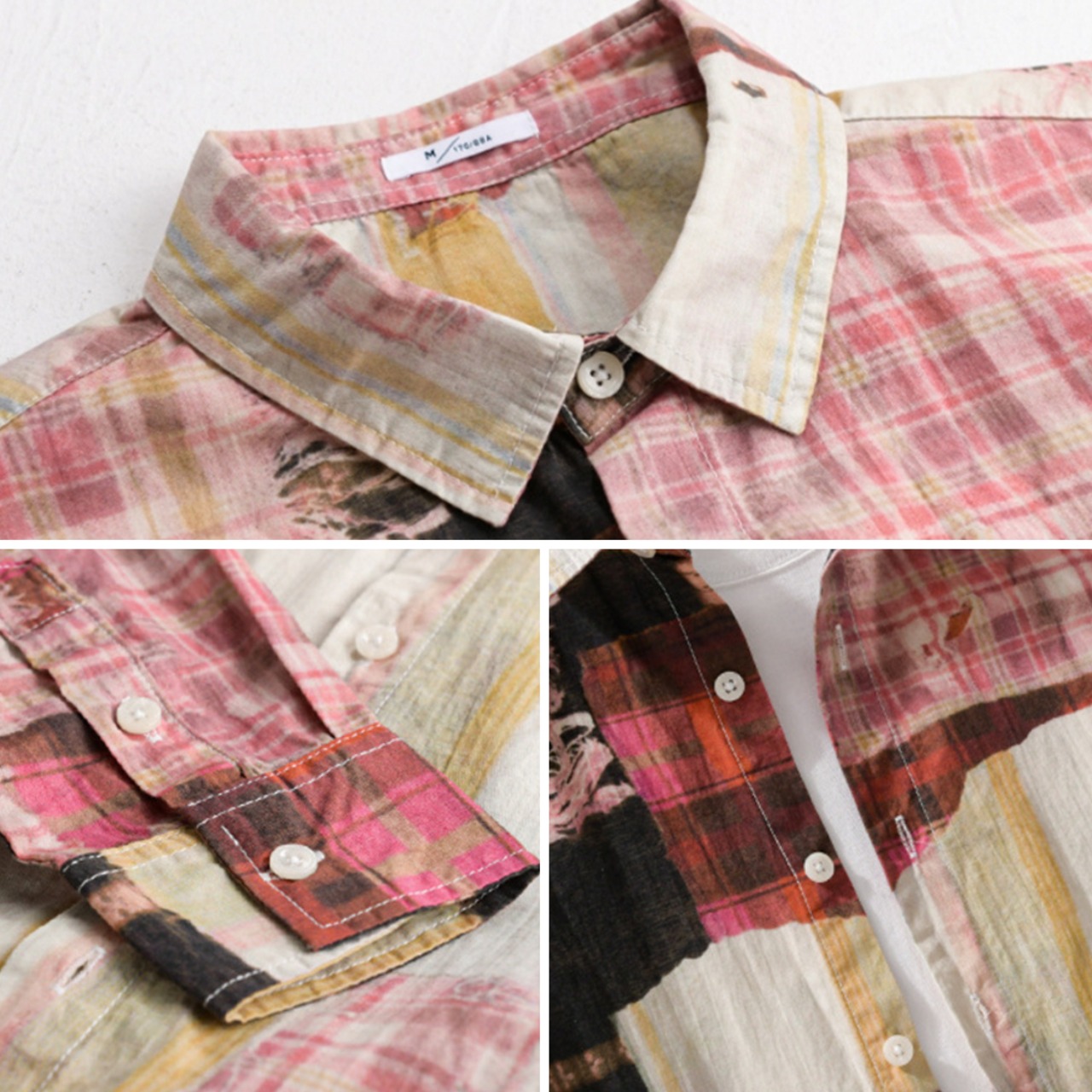 【M-3XL】Plaided Patchwork Print Long Sleeve Shirt / チェック パッチワーク 長袖 プリント シャツ