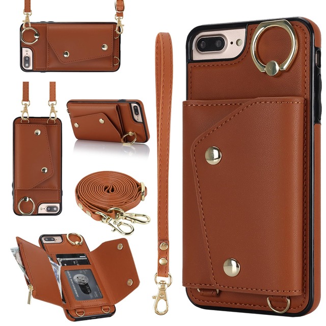 Jaorty アイフォンiphone 6 plus/6s plus/7 plus/8 plus対応スマホケース ケース手帳型 携帯カバー PU革 カード収納 小銭入れ 長ストラップ リング付き 肩がけ 首掛け 斜め掛け-ダークブラウン