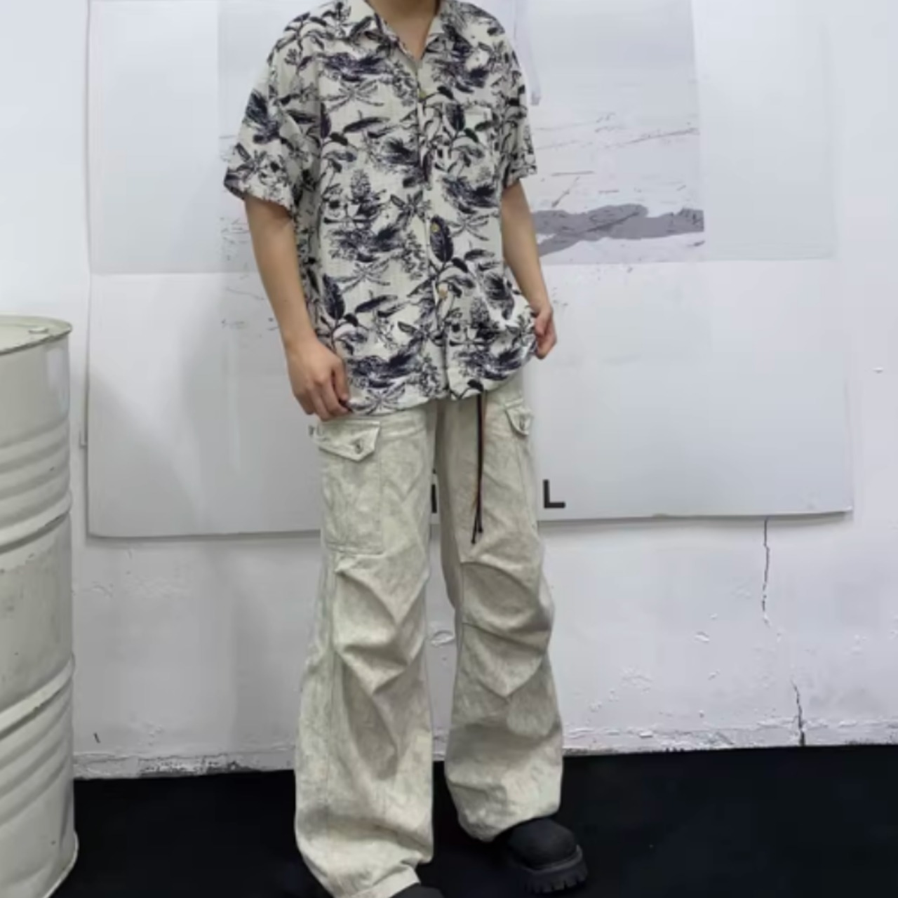 レトロ花柄ルーズ半袖シャツ　0753