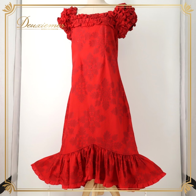 フラダンス 衣装 T&L MUUMUU FACTORY ムームーファクトリー ワンピース ドレス レッド系 赤 キルト柄 花柄 フリル ハワイアンプリント ハワイアン アロハ フラ ダンス レッスン 練習 ハワイアンダンス フリル袖 華やか 鮮やか かわいい おしゃれ 大人っぽい ダンス衣装 練習着 レッスンウェア