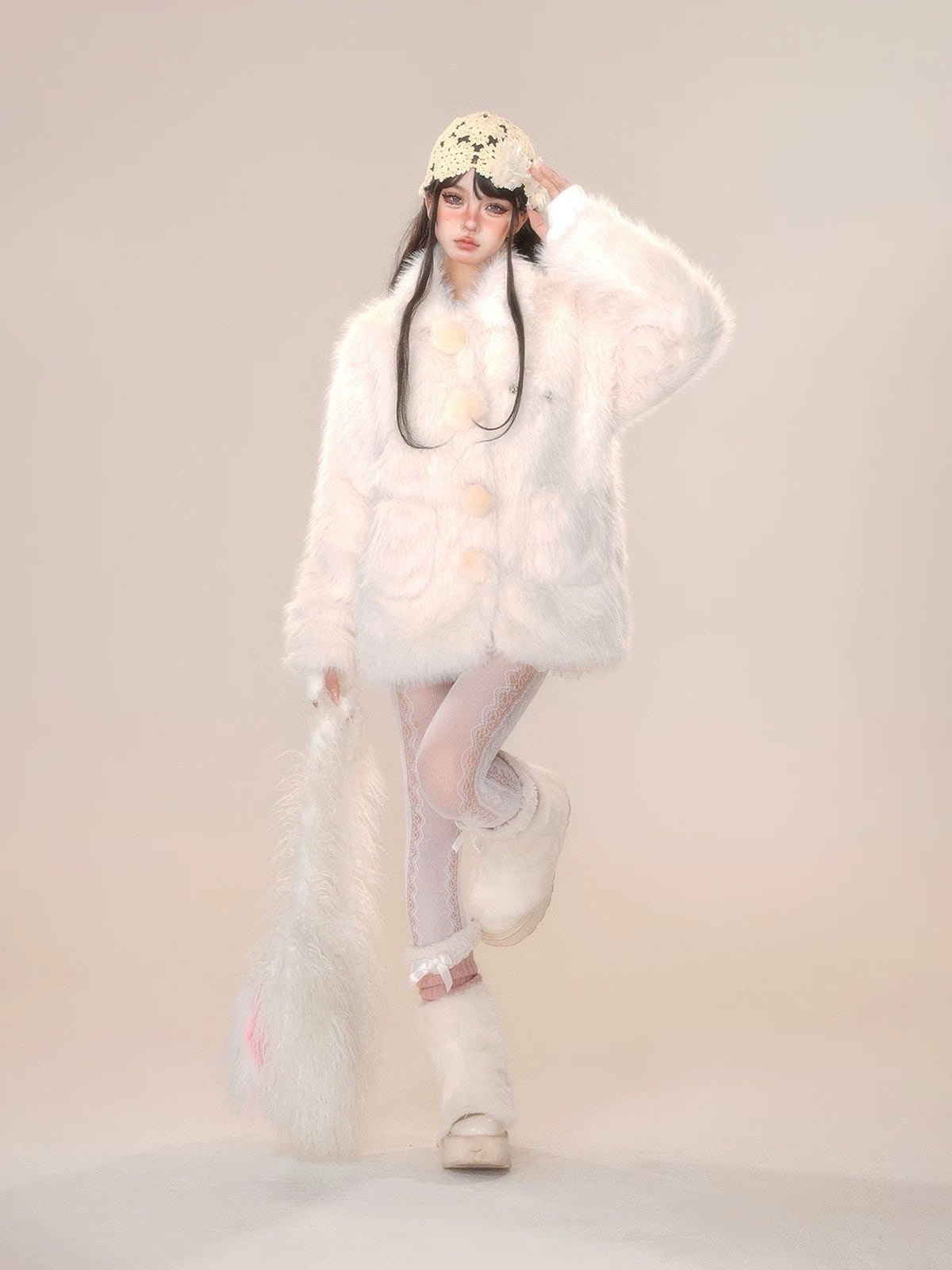 ponpon ファーコート ファージャケット ホワイト 白 ぽんぽん ピンク ジャケット ファー コート | LOVEYsmileSHOP