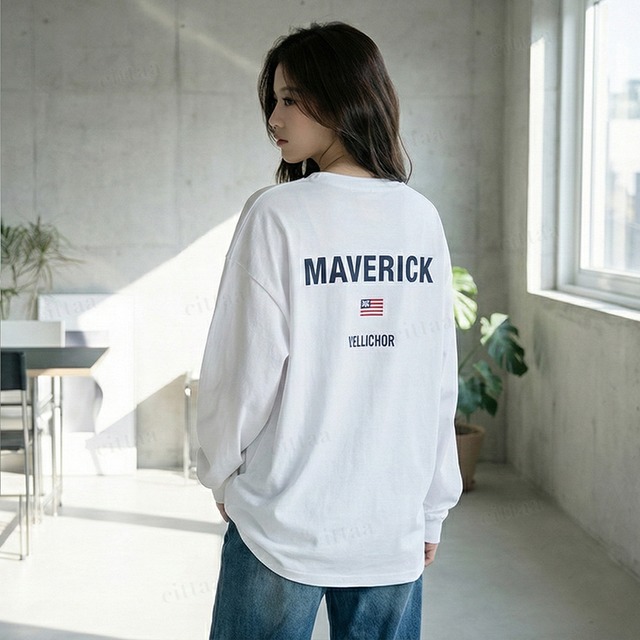 【即納】Y-4796　2026新作♡MAVERICKプリント長袖Tシャツ　ホワイト　0120