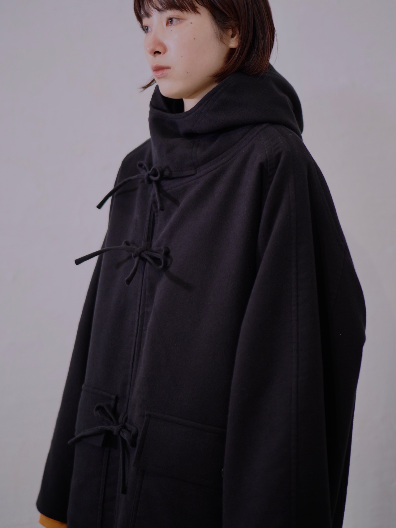 METHO - Front-Open Hooded Coat ：Beige｜コットンシルク／紐留めフロント／ワークポケット