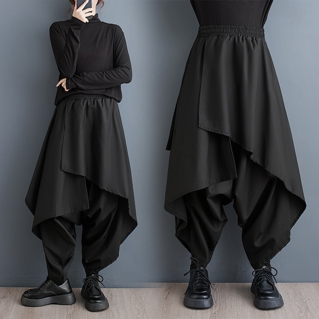 BLACK ELASTIC WAIST LAYERED HAREM PANTS 1color M-8169