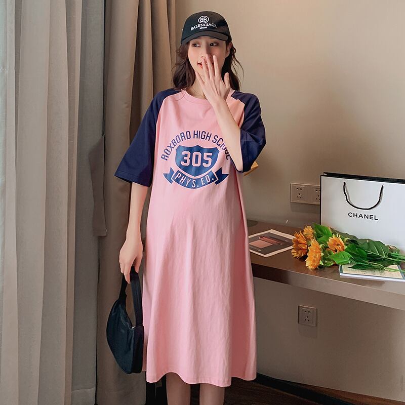 【新作】【送料無料】 マタニティウェア2020夏の新しいファッションニットカラーマッチングファットシスタードレスミドル丈マタニティドレス-アリババ サマー 夏物 expec222392517389