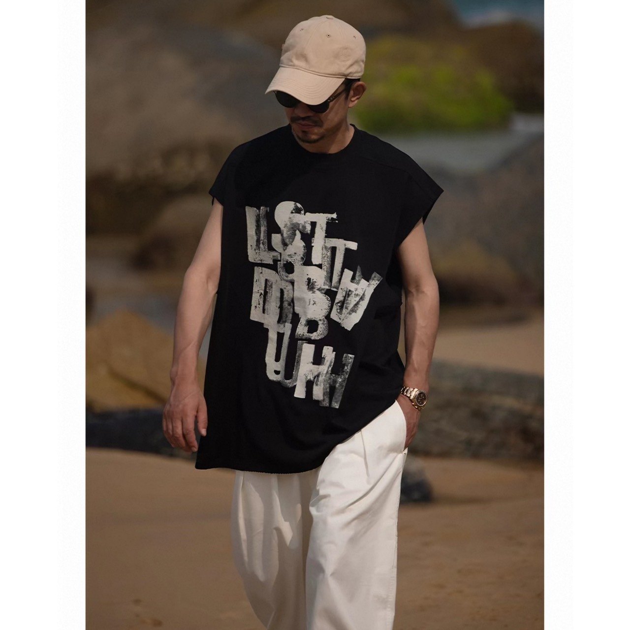Distressed letter sleeveless tee 1480 - 6