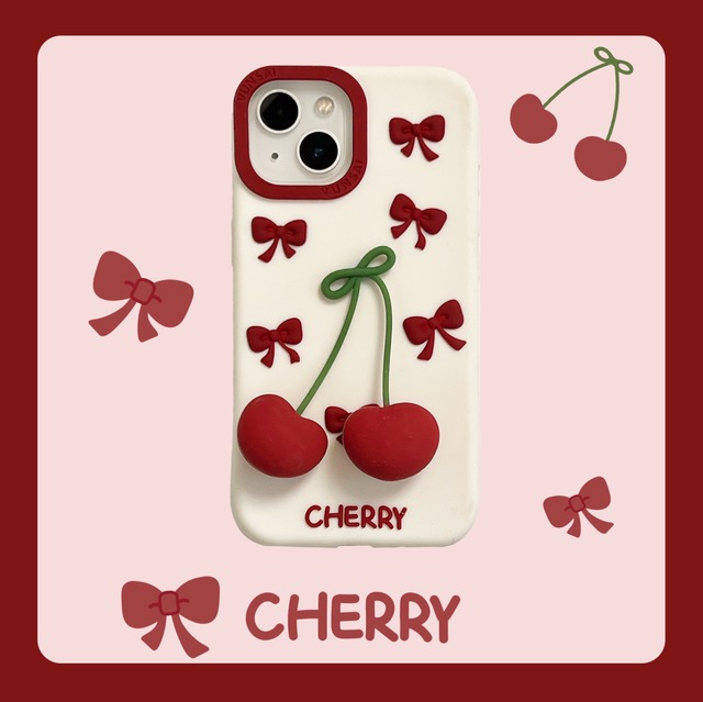 立体チェリー iPhone 17 16 15 14 13 ケース シリコン製 可愛い リボン