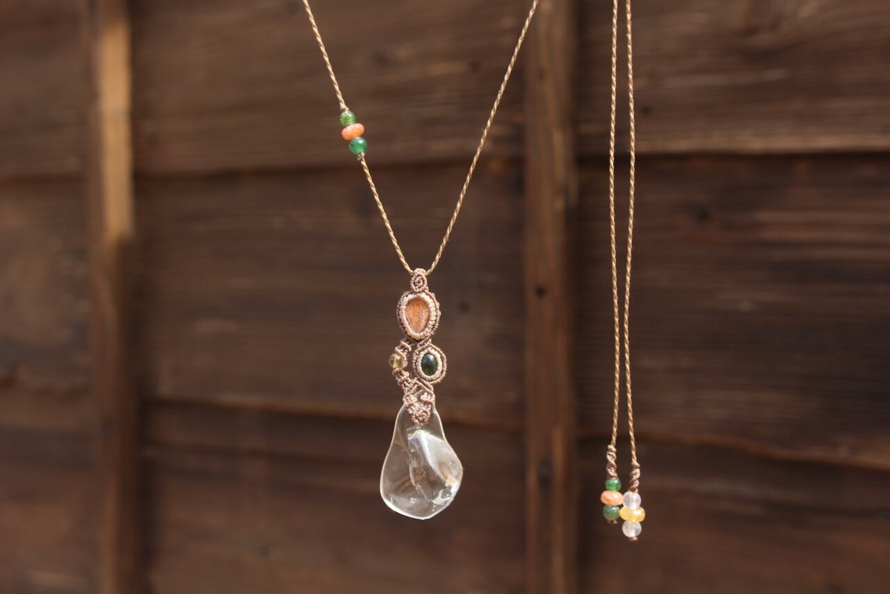 Healing crystal & Sunstone & Chrome Tourmaline micro macrame pendant