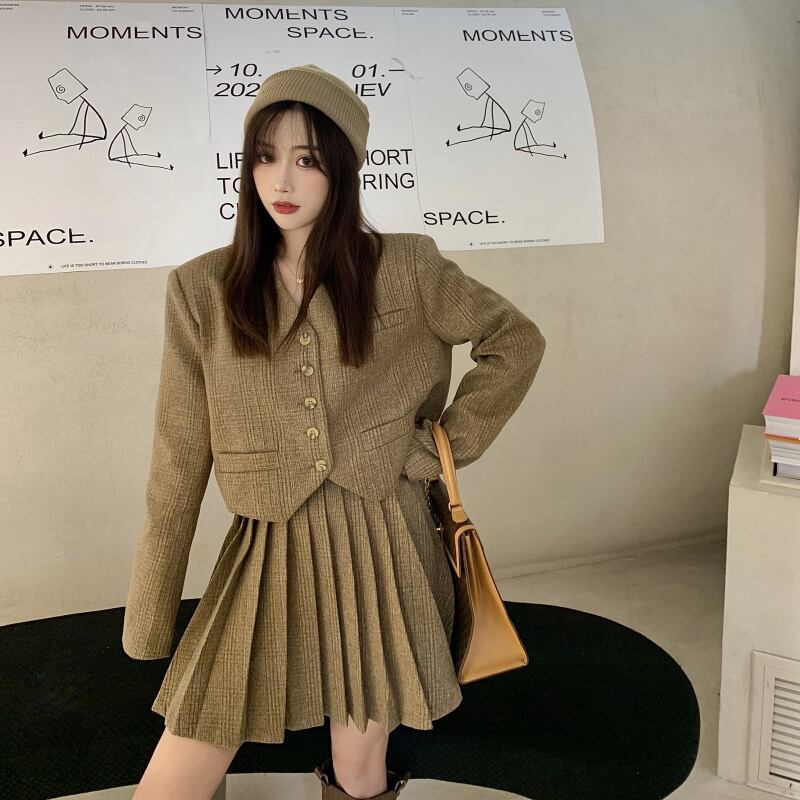 格子柄ジャケット オータムウィンタースタンダードルーズスタイルショートカジュアル レトロ 秋物 冬物 ブラックストロベリース21057411857