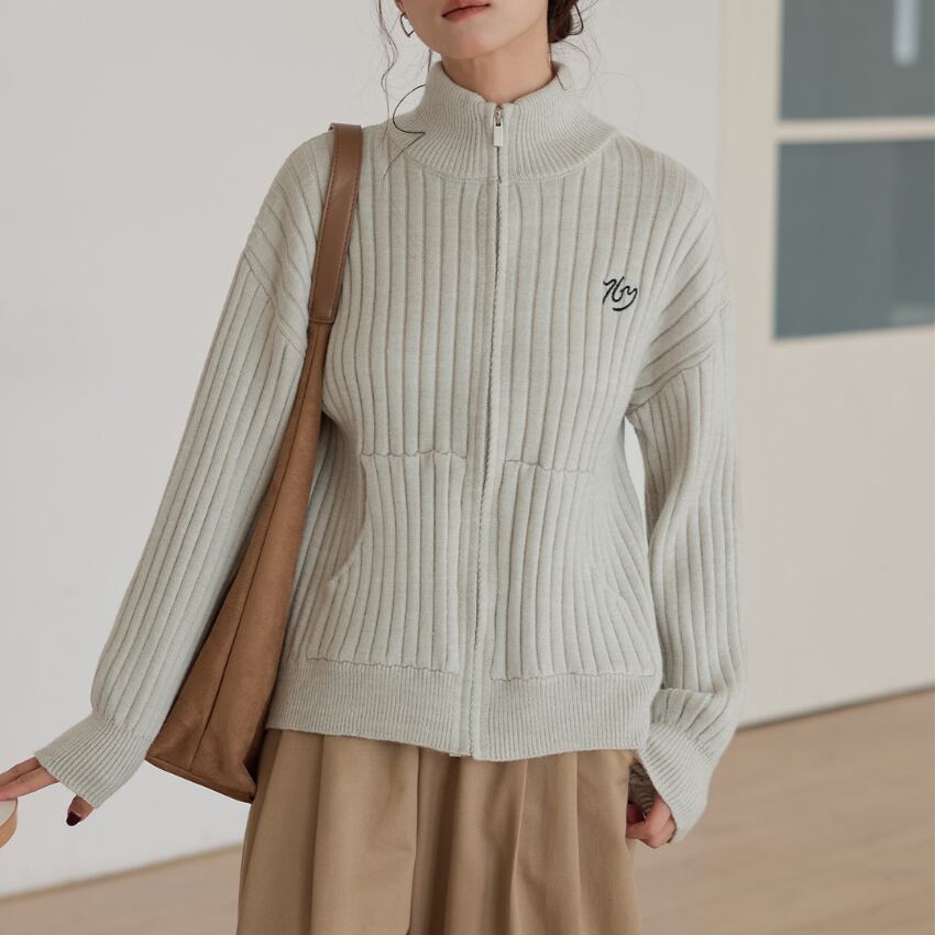 embroidered zip-up knit cardigan　J00143