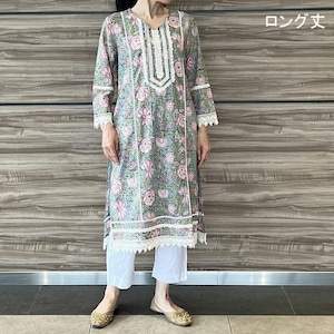 【SALE 30%オフ】ブロックプリントレースクルタ ショート丈(95cm)/ロング丈 (110cm) グリーン S/M/L/XLサイズ