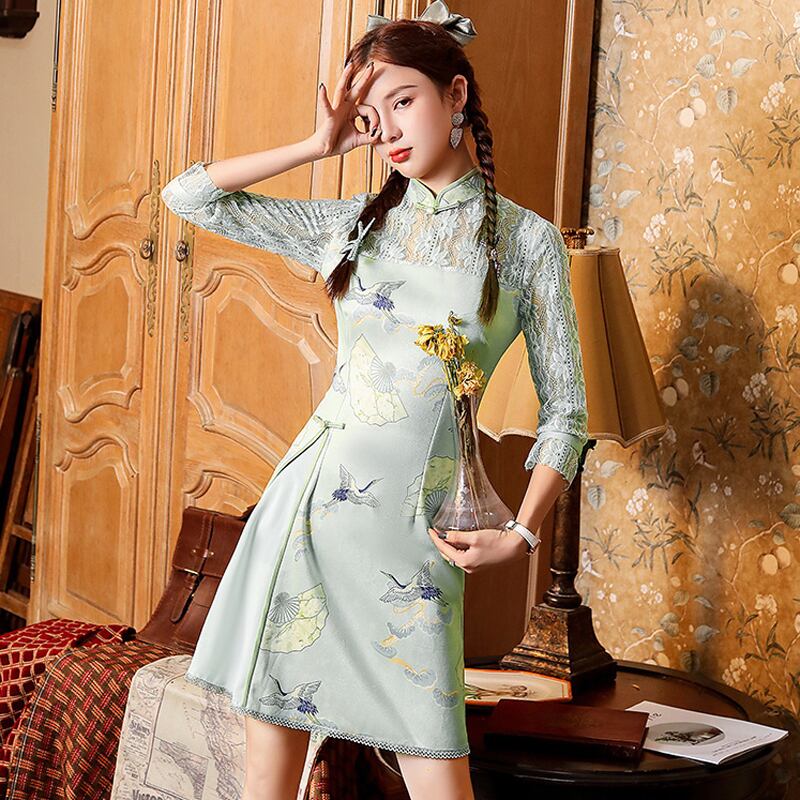 Mairongシリーズ チャイナドレス 鶴 ワンピース 切り替え レース グリーン 緑 可愛い 大きいサイズ Elegant