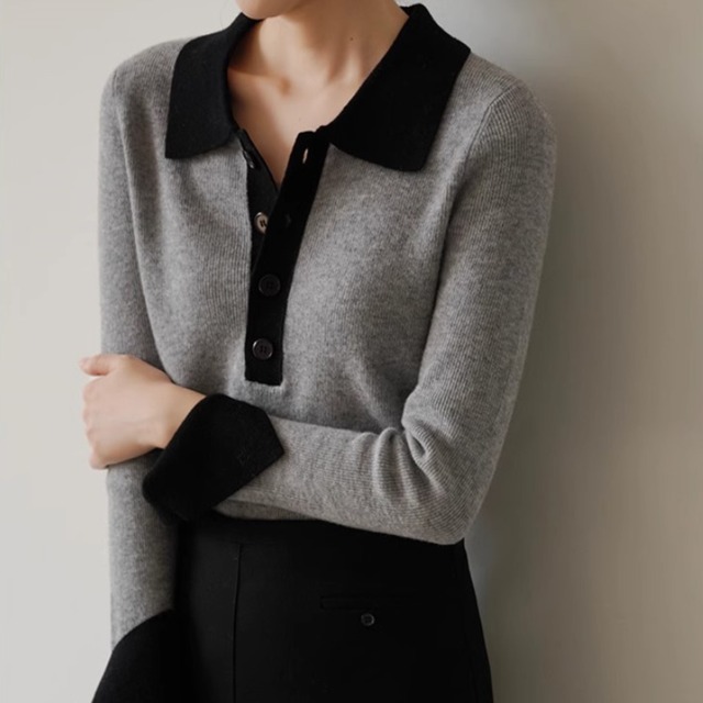 配色ポロカラーニット