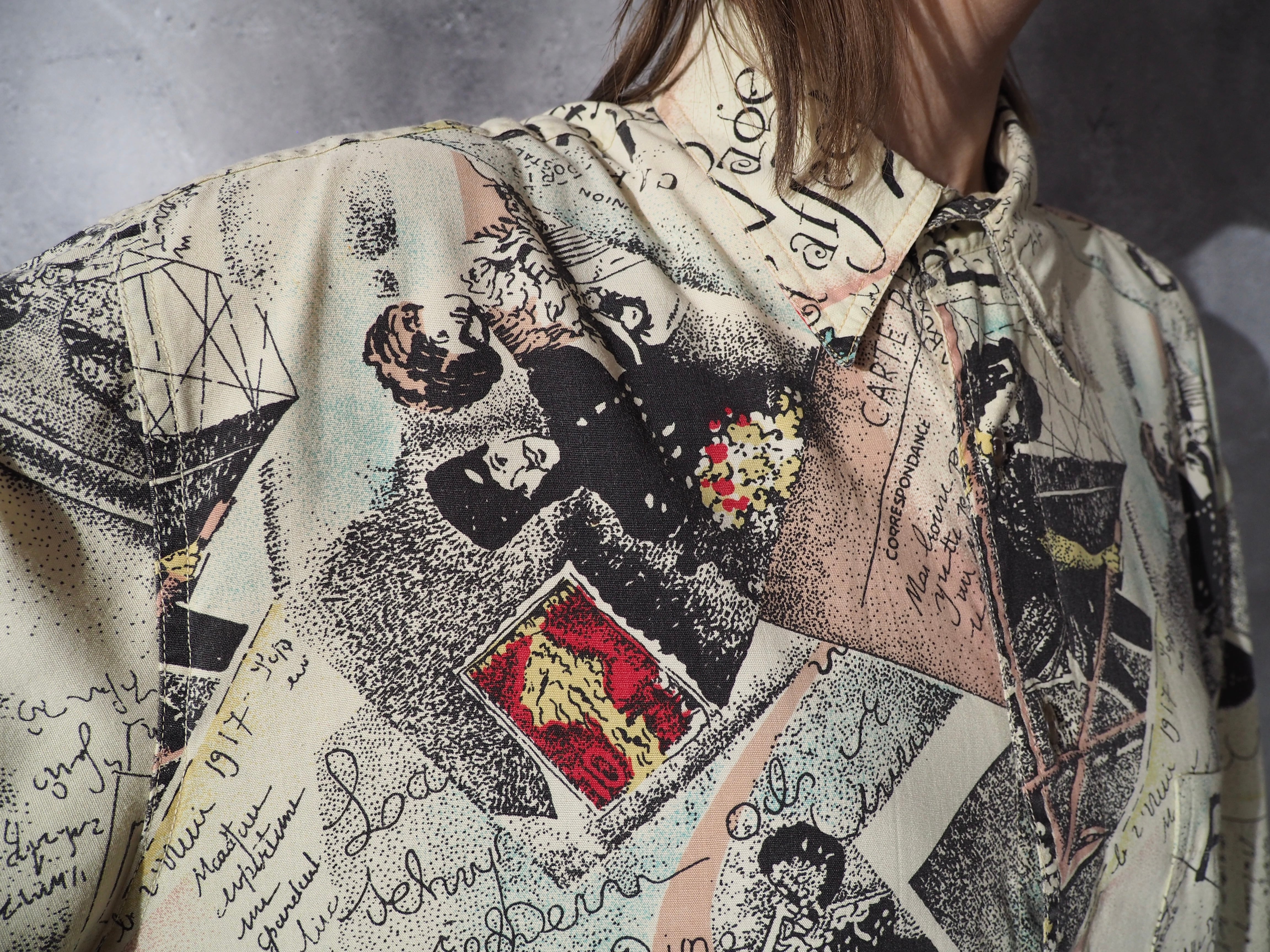 1980-90s letter paper art design vintage rayon shirt