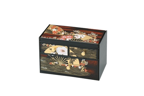 36-3214　三つ引タンス　黒塗　舞扇　Three drawers, black lacquered, Maioogi