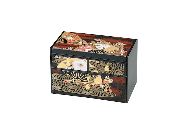 36-3214　三つ引タンス　黒塗　舞扇　Three drawers, black lacquered, Maioogi