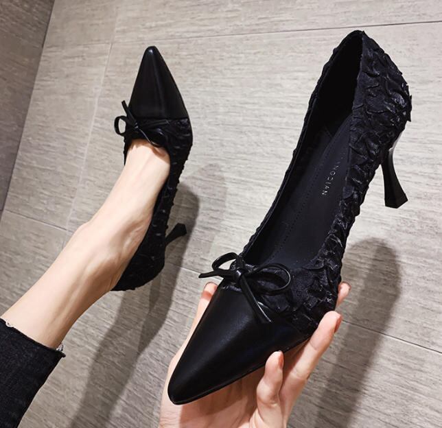 ポインテッドトゥパンプス 靴 レディース レース リボン 大人可愛い 上品 きれいめ お出かけ Luluca 韓国トレンドファッションluluca ルルカ
