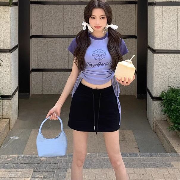 ラグラン クロップド Tシャツ レディース 韓国 サイドリボン 夏
