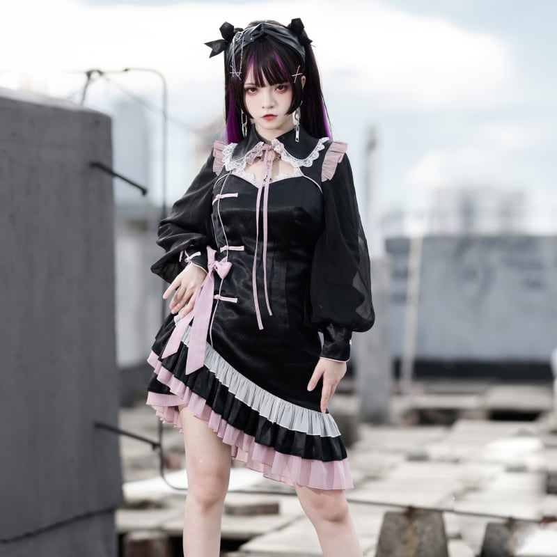 サブカル 服 地雷系 通販 ロリータ ワンピ チャイナ服 中華服 ドレス アシンメトリー フリル リボン コンカフェ ロリィタ