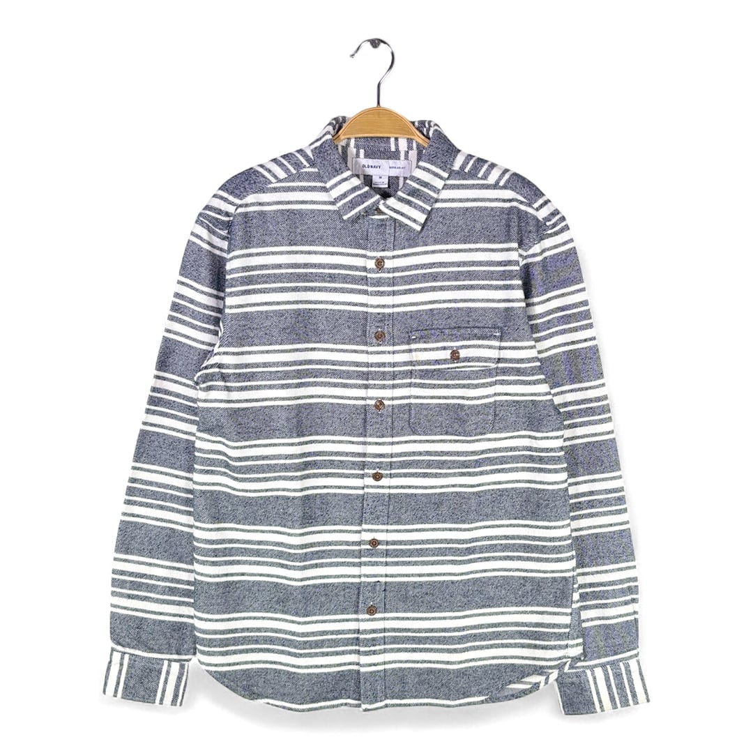 オールドネイビー ネルシャツ バッファローチェック ヘビーフランネル ボーダー 灰白 OLD NAVY サイズM 古着 @CA1481