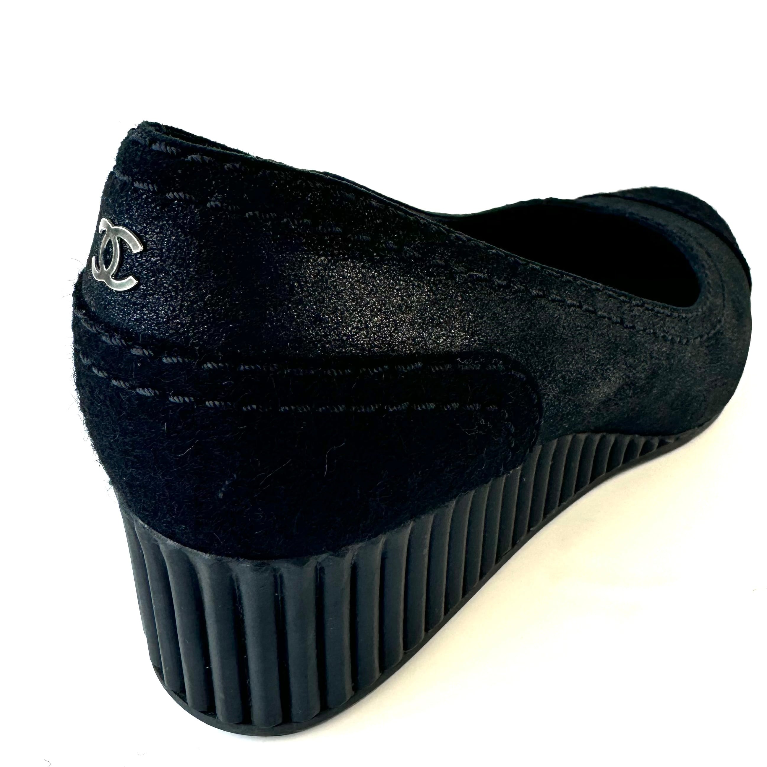 美品】シャネルパンプスサテンウェッジソールココマーク黒23.5cm