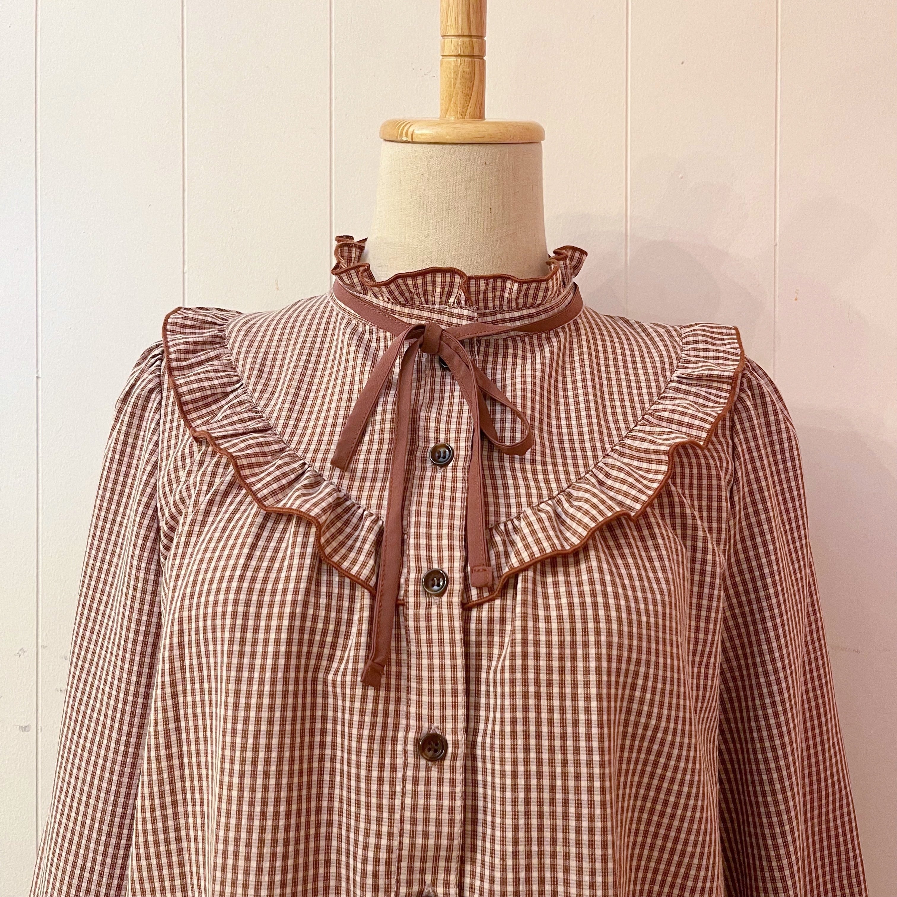 brown gingham check frill ribbon blouse