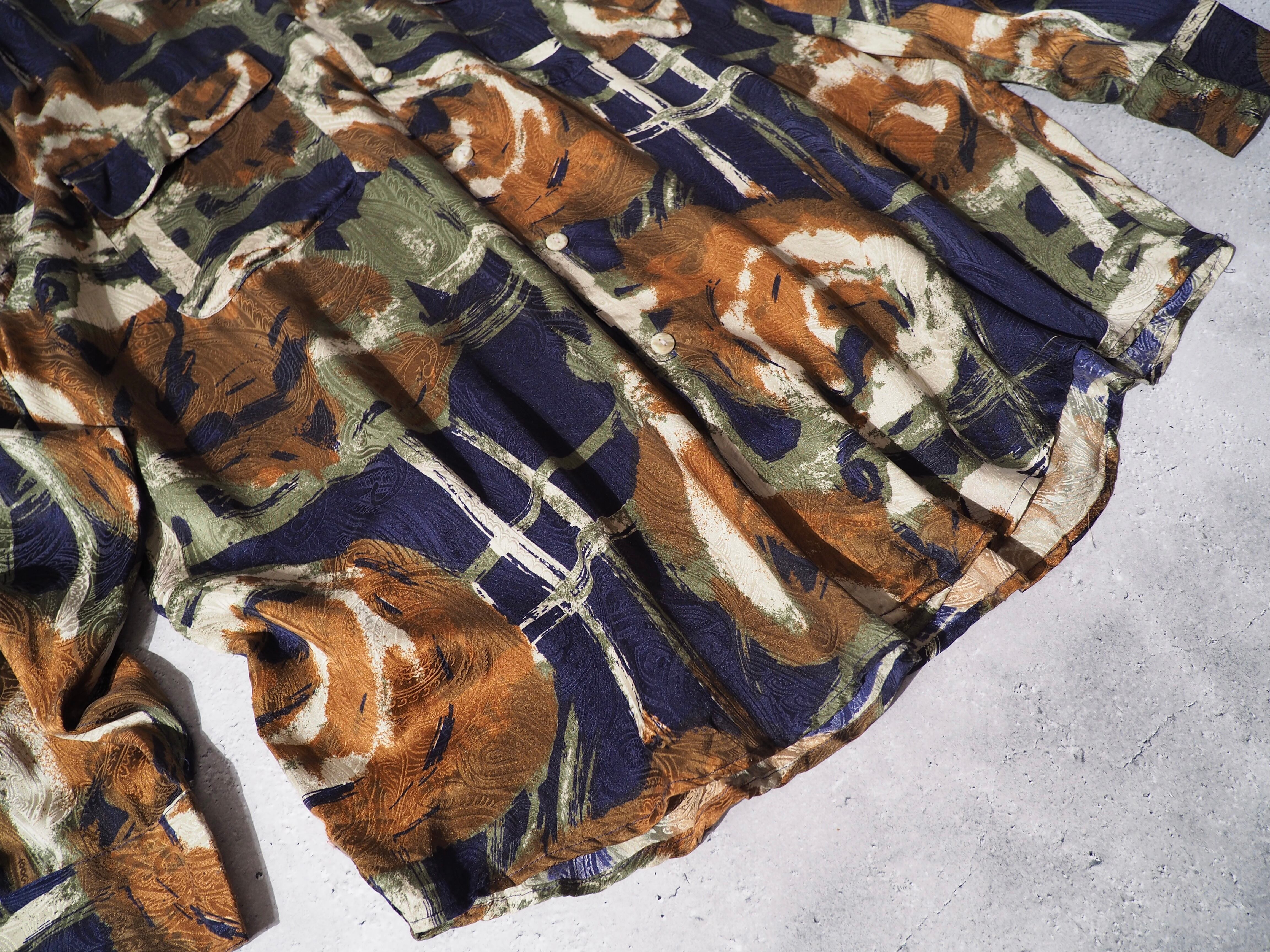 1990s GOOUCH retro art × openwork paisley full pattern silk shirt