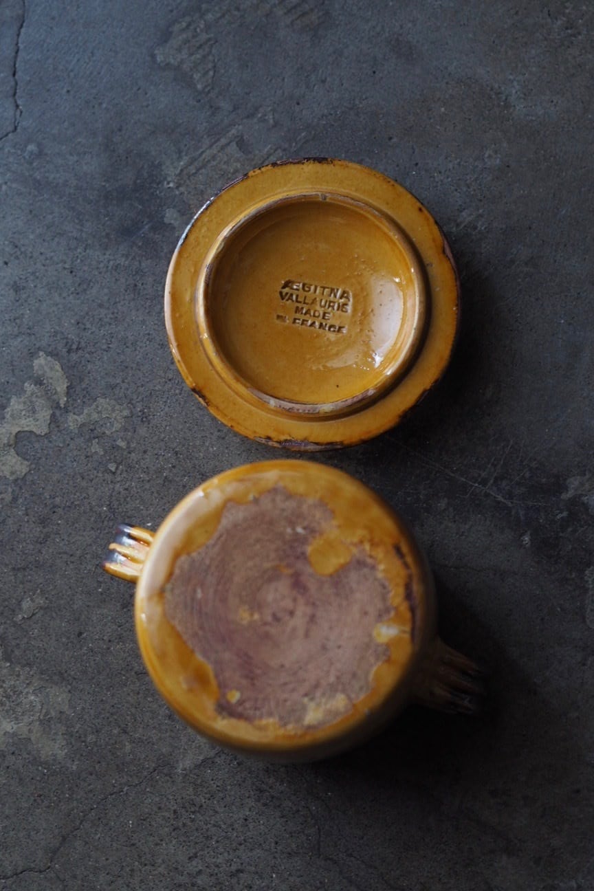 お塩や砂糖壺に蓋付きポット-antique french pottery pot