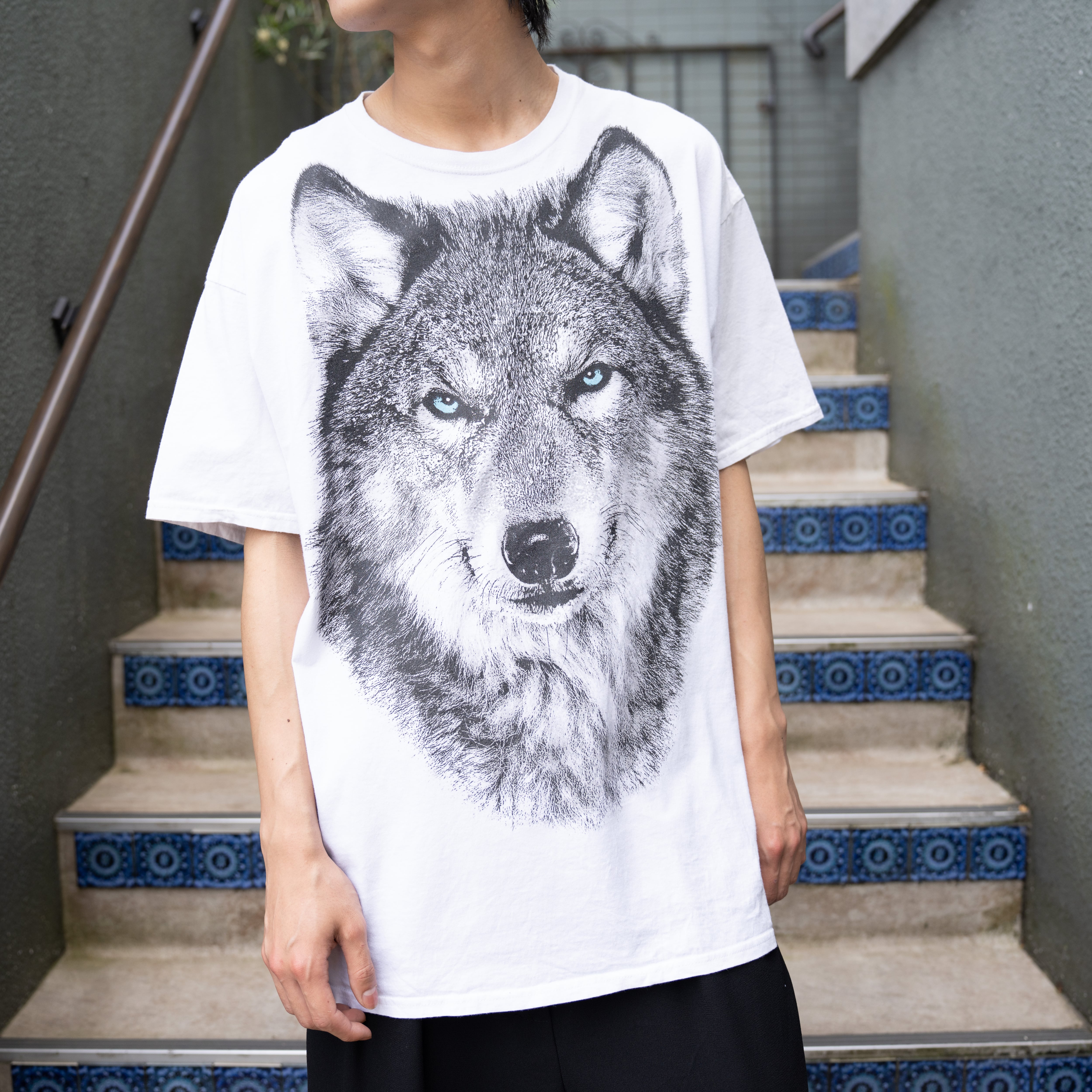 USA VINTAGE DOM WOLF FACE PRINT DESIGN OVER T SHIRT/アメリカ古着