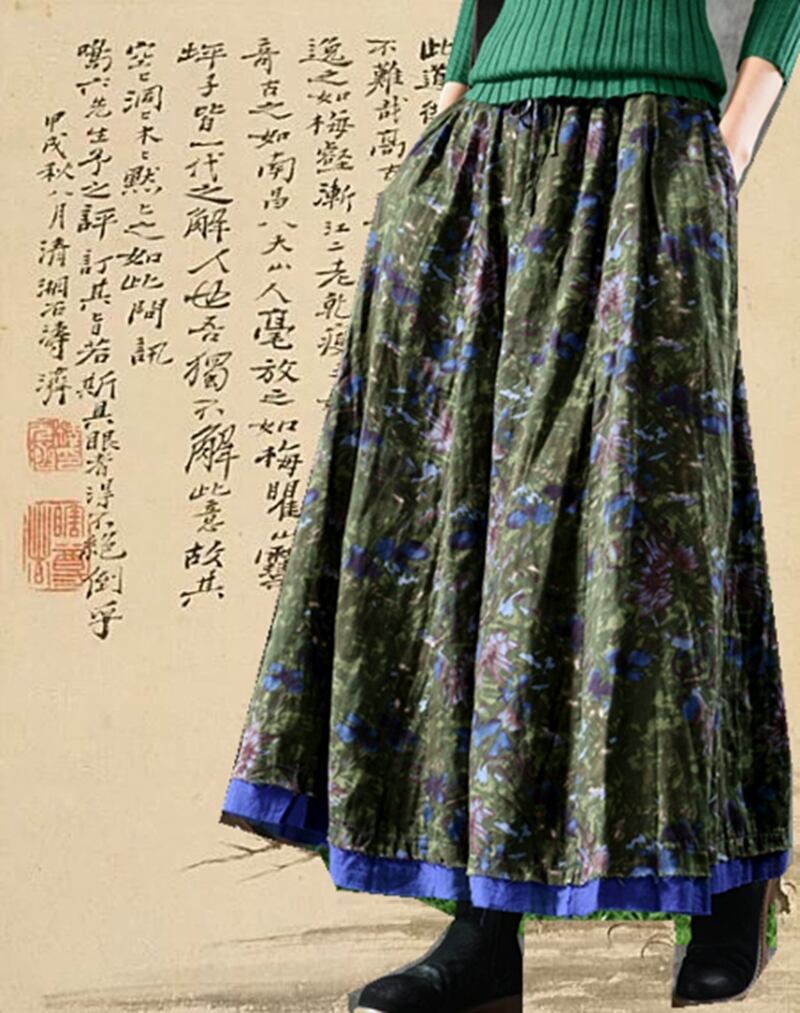 スタイルスタンダードプリントストレッチウェストロング コットン レトロ エラスティック 伸縮 エレガント スカート Yiranxuaディースワード63650657154