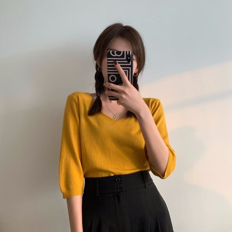 2020年春夏新バージョン気質Vネックルーズで薄いワイルド半袖コアヤーンTシャツトップ 1号婦人88548465480