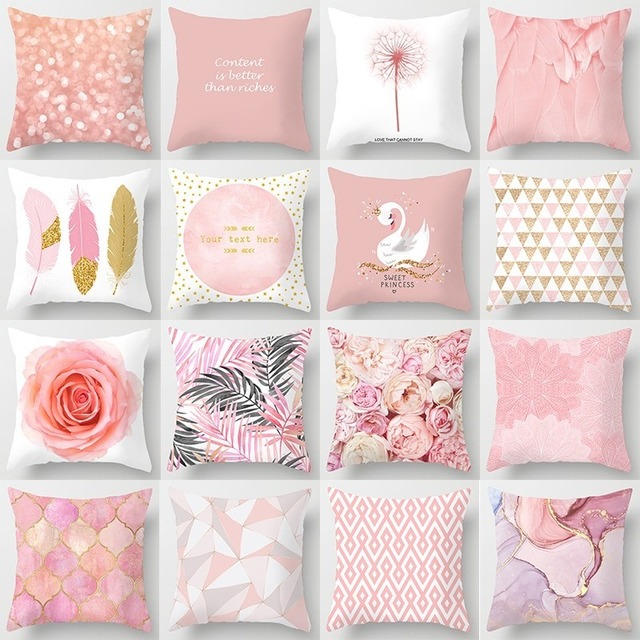 クッションカバー ピンクのバラと羽の幾何学的ファッション 北欧のシンプルなカバー スクエアソファークッション 45 45cm 韓国雑貨 26デザイン Mamahalo Shop