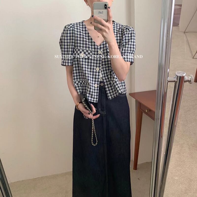 格子柄ショートシャツ サマースタイルボタンVネック薄手 夏物 ビッグFスモールZ韓国54700872645