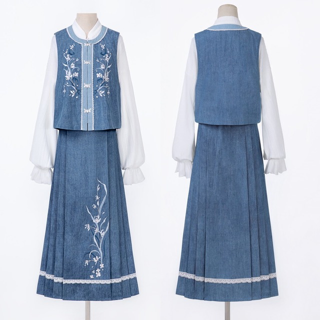 【クラシカルロリィタ】デニム風 刺繍 セットアップ 中華ロリータ ベスト スカート 3点セット