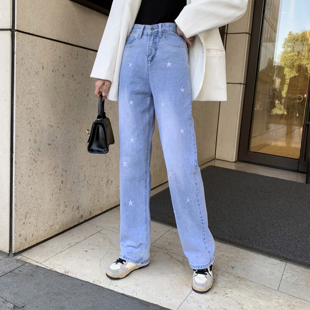 スプリングスタイルハイウェストウェストプリント柄ジーンズ ルーズカジュアルパンツ 春物 6Du_Shop_Women64742685819