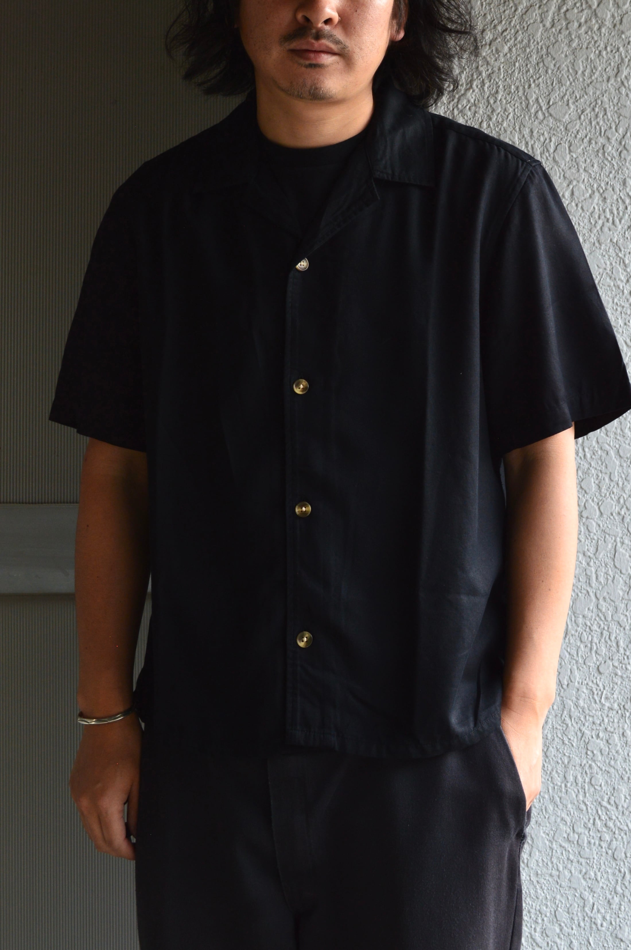 wax london オープンカラーシャツ ブラック waxlondon From UK CURZON SS SHIRT DRAPEY Tencel Twill Shirt
