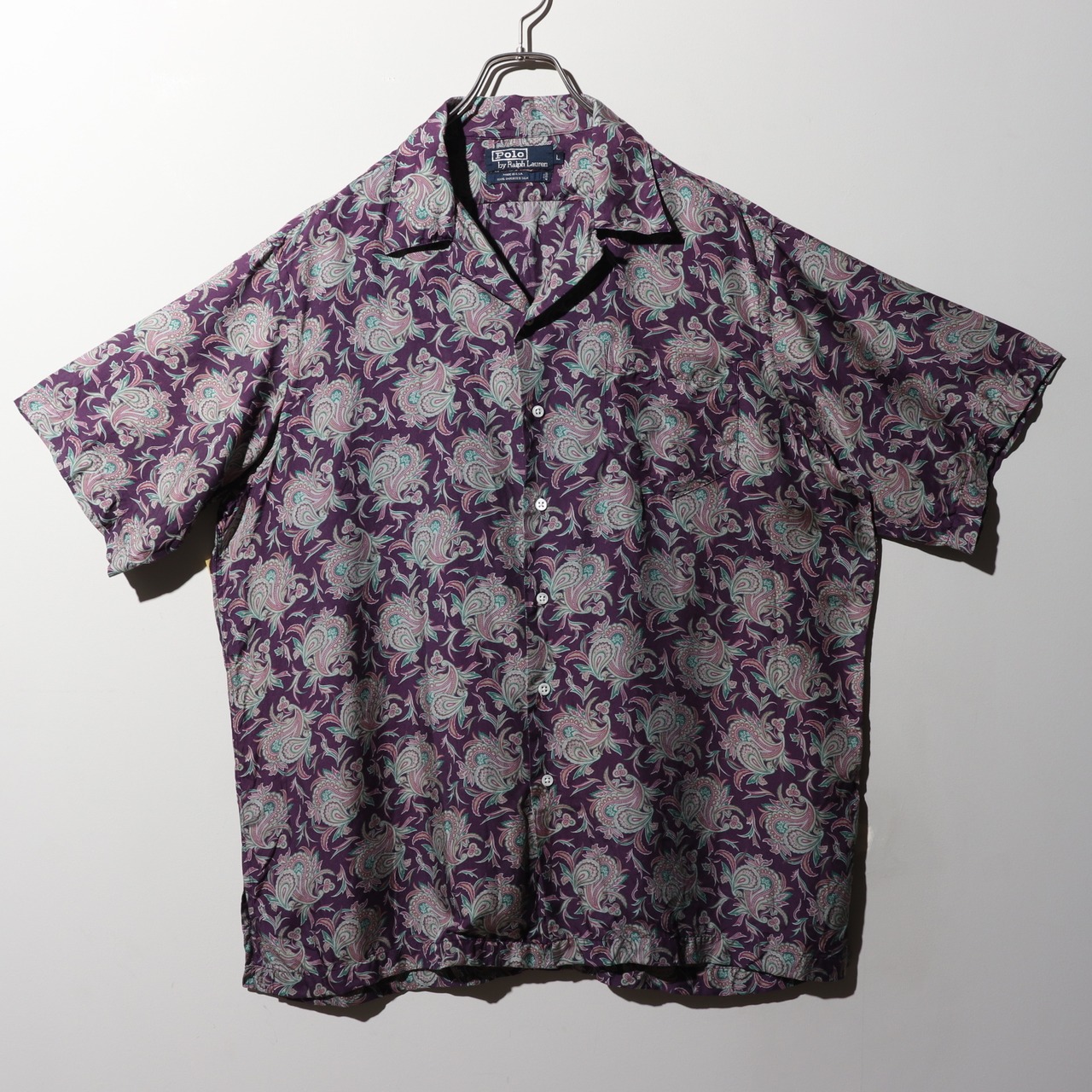 Deadstock L 90s USA ペイズリー総柄 シルクシャツ ポロラルフローレン 半袖開襟シャツ 紫 パープル Polo Ralph Lauren
