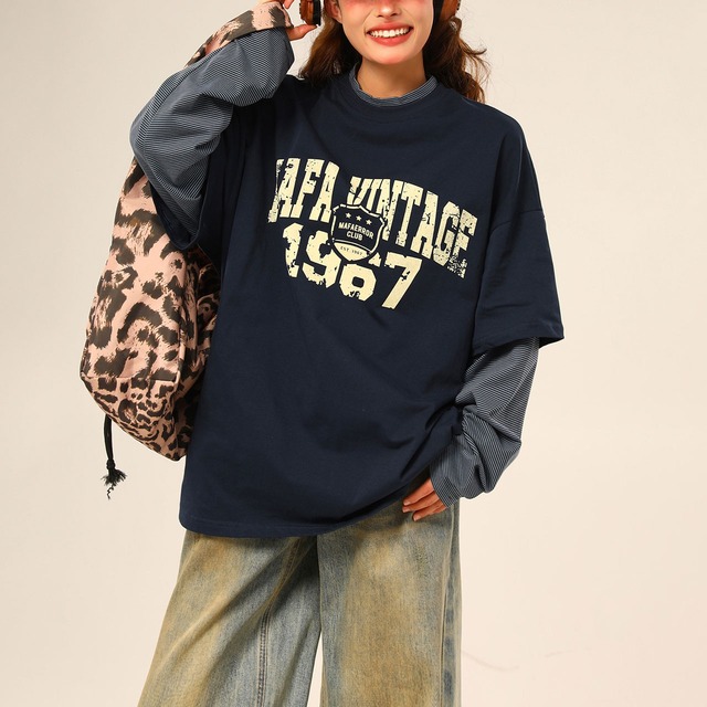 ヴィンテージロゴレトロプリントフェイクレイヤードTシャツ 2col   R00727
