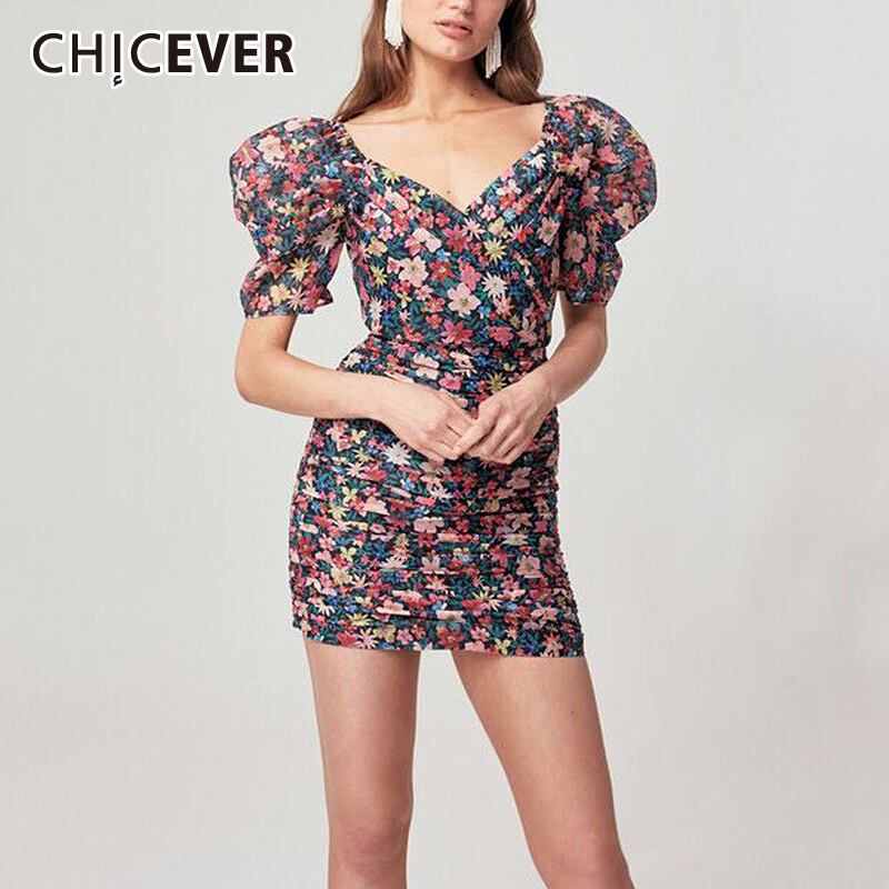 CHICEVERセクシープリントドレスVネックパフ半袖ラージサイズルーズヴィンテージミニドレスレディース2020夏 ショート ハーフスリーブ 大きめサイズ サマー 夏物 ビンテージ 6base530010832727