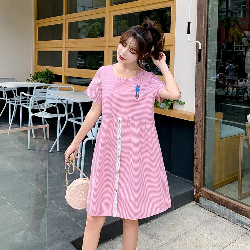 【新作】【送料無料】 妊婦サマーウェア妊娠フリーキードレスコットンブレンドミドル丈マタニティトップサマーストライプスカート 夏物 AL expec316327922234