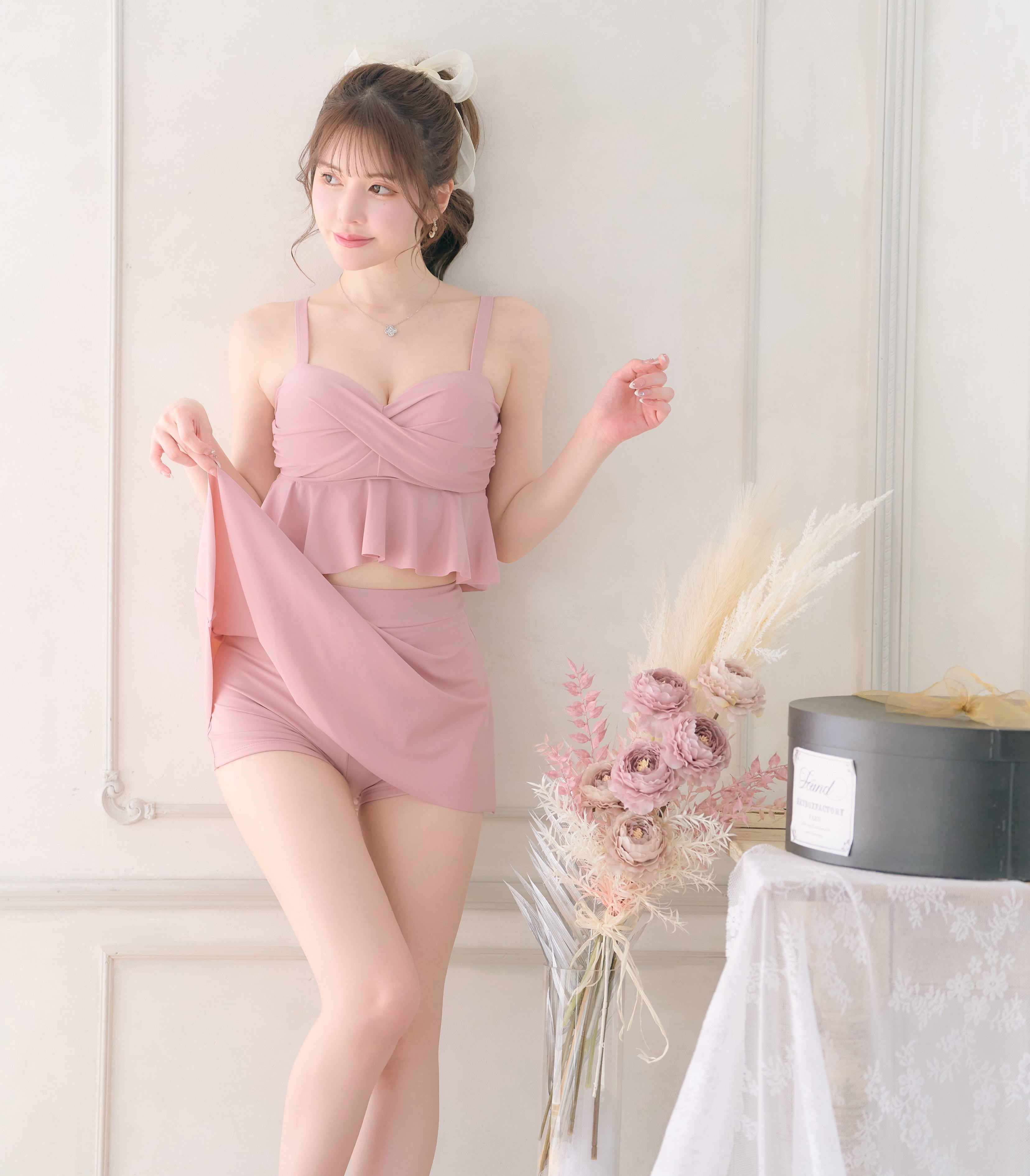 人気NO.20】ねじれブラペプラムビスチェ×スカート水着⭐︎ピンク 22o