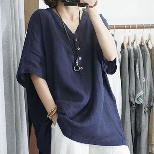 大きいサイズ ゆったり 夏服 Tシャツ カジュアル 麻ブラウス 薄手 怠惰な風 百掛け Tシャツ 半袖 トップス Vネック着痩せ カジュアル 体型カバーTシャツカットソー 無地