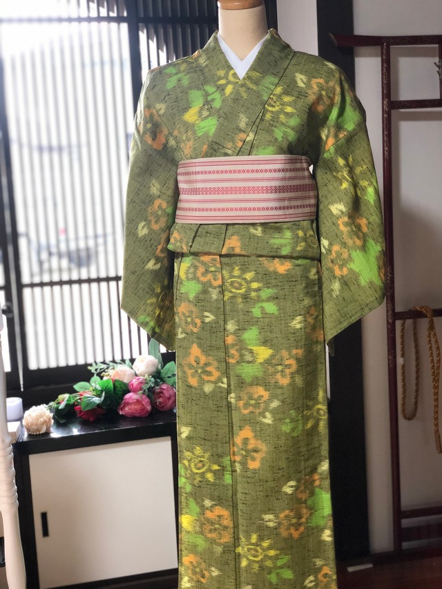 緑地ウール花柄着物 | 和布 まつだ
