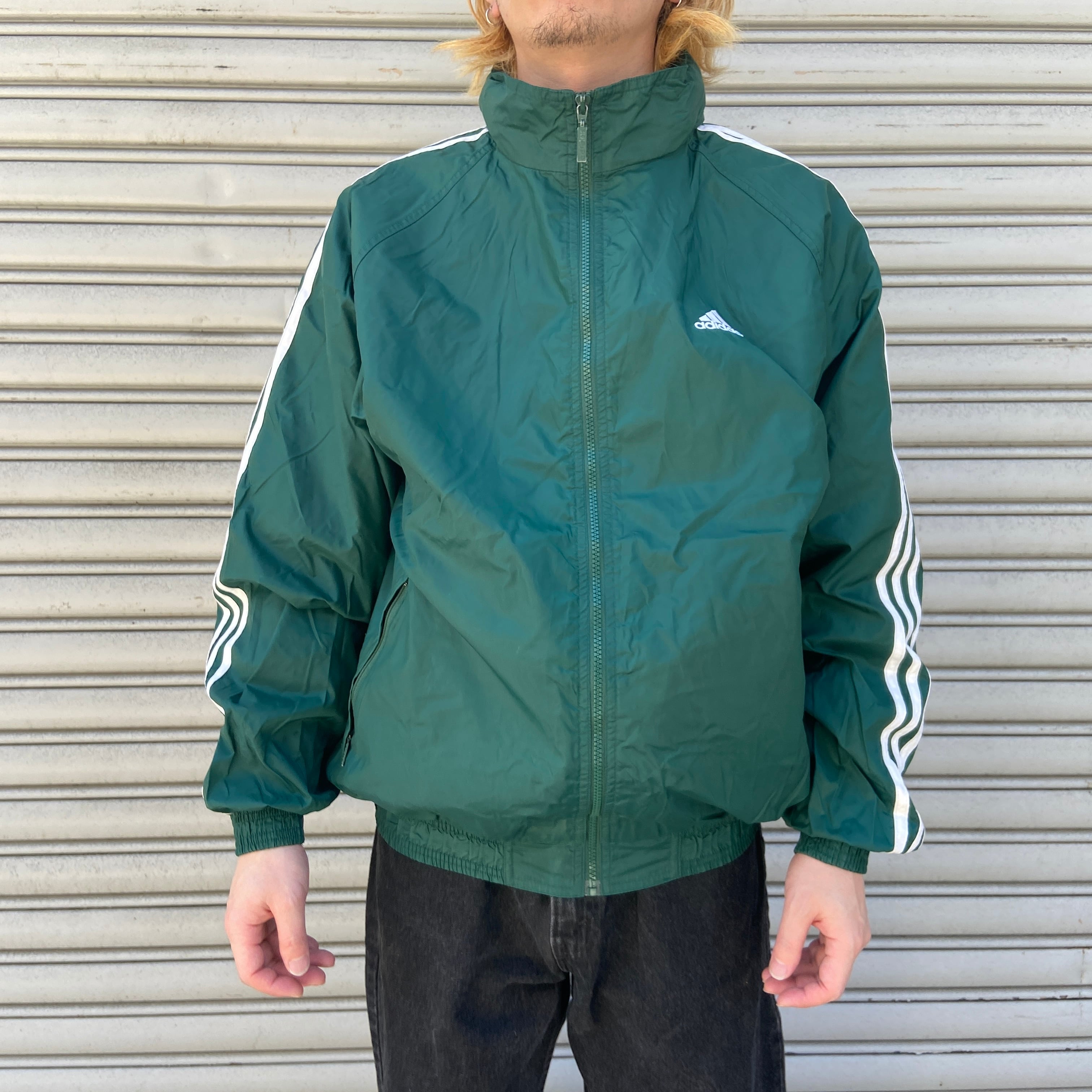送料無料』90s adidas ナイロンジャケット パフォーマンスロゴ 緑 三本  