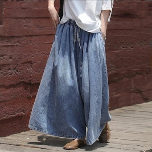 デニムワイドパンツ レディース 大きいサイズ ワイドパンツ ウエストゴム デニムパンツ ウチョパンツ フレアパンツ ボトムス カジュアル 無地 ロングパンツ 大人 楽ちん ゆったり カジュアル お腹